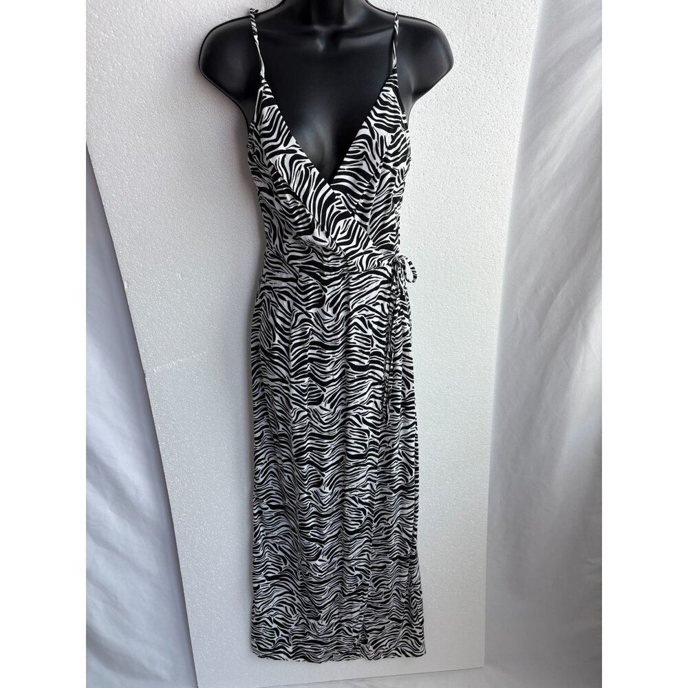H&M NWT Black White Zebra Dress Animal Print Size 4 Maxi Faux Wrap Surplice